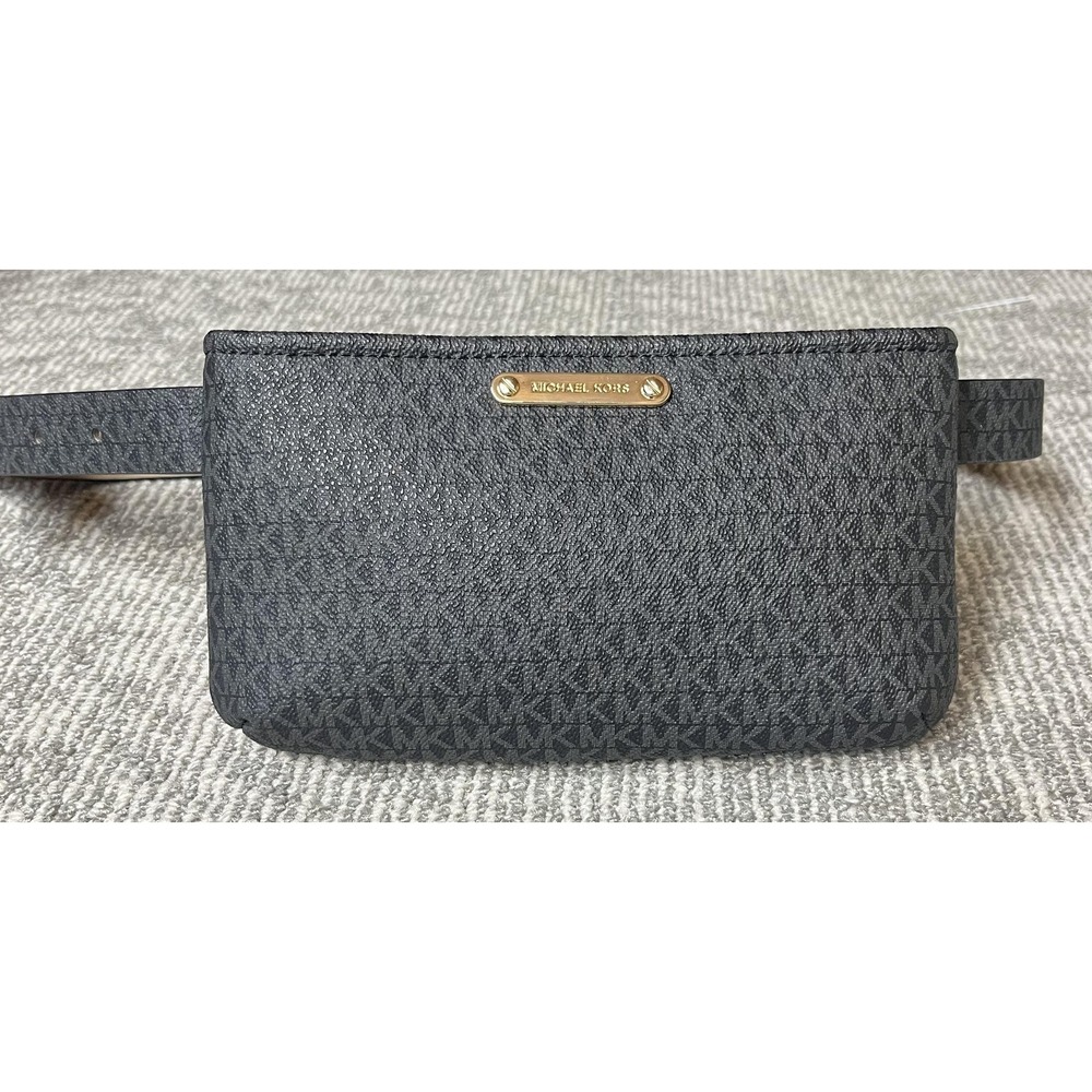 Michael Kors Belt Bag Womens Mini Black Logo PVCโ Fanny Pack Gold Zip Waist